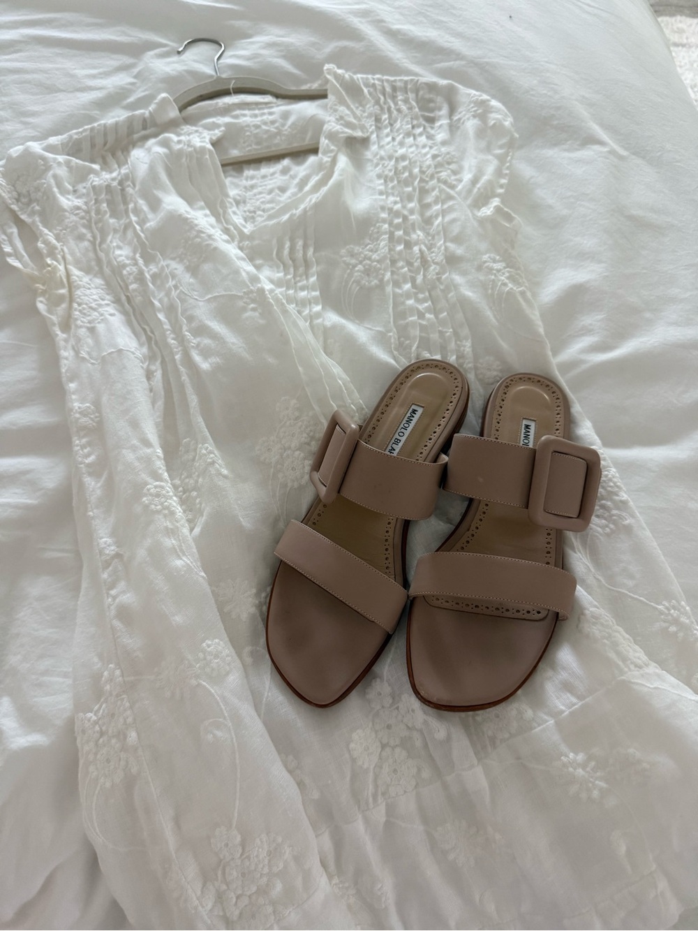 Manolo Blahnik Nude Double-Strap Slide Sandals with Buckle